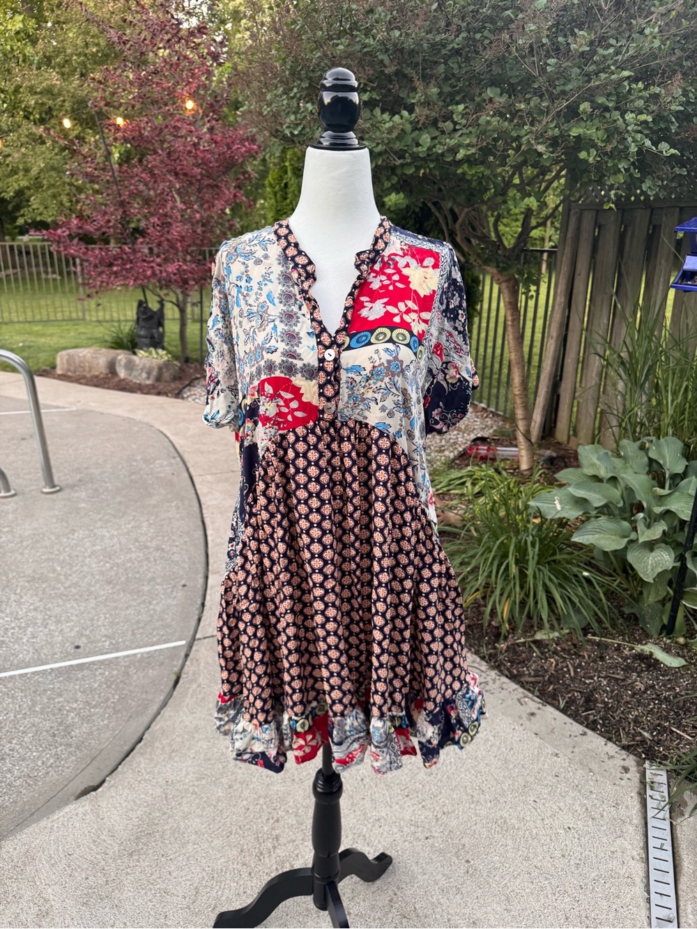 Shannon Passero Patchwork Rayon Tunic Dress M/L | Boho Mixed Print